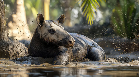 A solitary tapir enjoys a relaxing moment in a muddy waterhole, surrounded by lush tropical greenery. The tranquil setting highlights wildlife's beauty.の素材