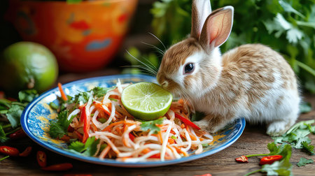 A charming rabbit explores a lime slice resting on a vibrant plate of fresh vegetable salad filled with herbs, set in a cozy kitchen environment.の素材