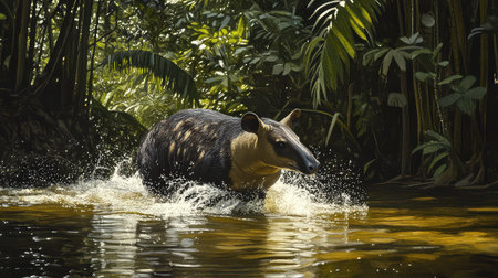 A captivating scene of a tapir gracefully swimming through a serene jungle river, surrounded by lush tropical foliage and dappled sunlight, showcasing natureの素材