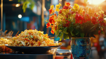 A lively food market scene showcases a colorful salad dish accompanied by a stunning floral arrangement, illuminated by warm sunset light.の素材