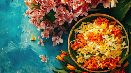 A stunning composition featuring colorful edible flowers and fresh ingredients presented against a striking blue background, perfect for culinary inspiration.の素材