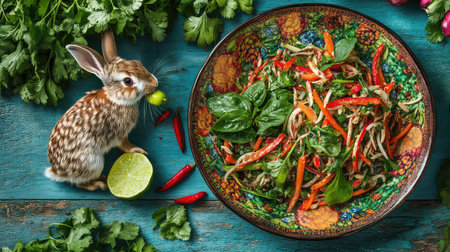 An adorable rabbit sits beside a vibrant salad bowl filled with fresh vegetables and herbs, creating a lively and healthy dining atmosphere.の素材
