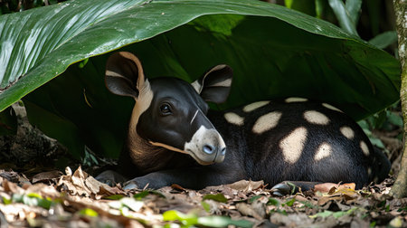 A young animal lies peacefully under a broad green leaf in a vibrant tropical rainforest, capturing a serene moment in wildlife.の素材