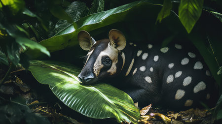 This captivating image captures a unique animal resting quietly under large green leaves in a dense tropical rainforest, showcasing the serene beauty of wildlife.の素材