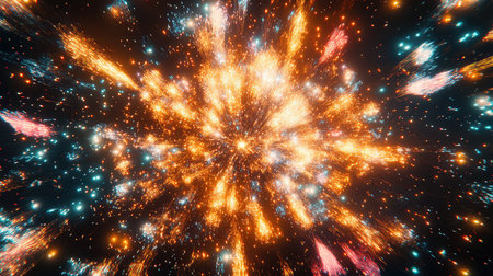 A breathtaking abstract representation of an explosion of light and color, depicting dynamic movement in a dark cosmic space, perfect for visual art.の素材