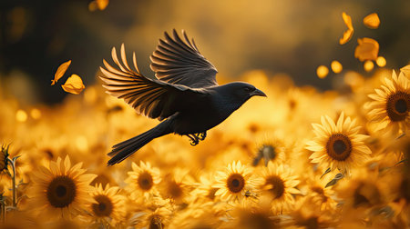 A breathtaking scene of a black bird soaring through a field of sunflowers, surrounded by vibrant yellow petals. The golden light enhances the beauty and elegance of this natural moment.の素材