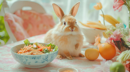 This charming image features a cute fluffy rabbit sitting beside a fresh vegetable salad and colorful fruits on a beautifully set table in a bright room.の素材