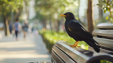 A striking black bird sitting elegantly on a wooden bench in a bustling city park showcases the beauty of urban wildlife amidst nature.の素材