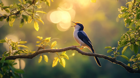 A stunning image of a vibrant bird singing on a branch, illuminated by warm sunlight. The soft bokeh effect creates a tranquil and peaceful atmosphere in nature.の素材