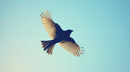 A stunning silhouette of a bird soaring through a clear blue sky at sunset, showcasing elegant wings that catch the warm light. This image captures the essence of freedom and the beauty of nature.の素材