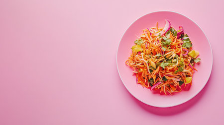 A vibrant and fresh vegetable salad served on a soft pink plate, ideal for healthy eating and colorful cuisine presentation in nutrition-focused concepts.の素材