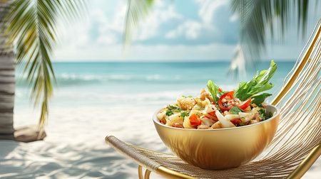 A vibrant tropical salad served in an elegant bowl, resting on a beach chair. The serene ocean view and lush palm trees create a relaxing summer atmosphere perfect for outdoor dining.の素材