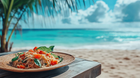 A beautiful pasta dish featuring vibrant ingredients, served against a stunning beach backdrop that captures the essence of tropical dining and relaxation.の素材