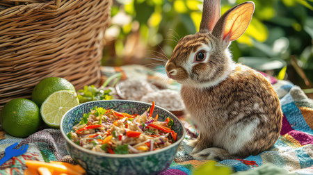 A charming rabbit sits beside a vibrant salad on a picnic blanket, surrounded by fresh ingredients and sunlight, creating a peaceful outdoor atmosphere.の素材