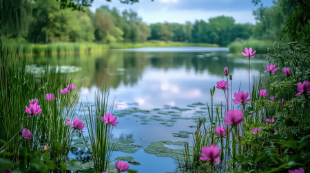 A picturesque lakeside view features pink water lilies blooming gracefully along the serene shoreline, showcasing the tranquility of nature's beauty.の素材