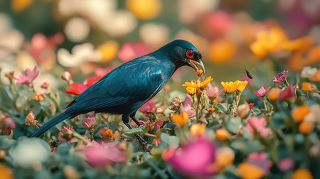A striking bird interacts with a colorful array of flowers in a vivid garden scene. Delicate petals surround the bird as it seeks nectar, showcasing the beauty of nature.の素材