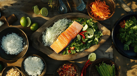 A beautifully arranged wooden platter features fresh salmon with an assortment of vegetables, rice, and lime, perfect for a vibrant cooking scene.の素材
