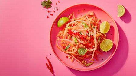 A vibrant and colorful fresh vegetable salad featuring lime and chili, served on a plate against a bright pink background, perfect for healthy dining.の素材