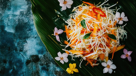 A vibrant salad featuring fresh cabbage, peppers, and mango, garnished with beautiful edible flowers on a green leaf plate. Perfect for healthy dining.の素材