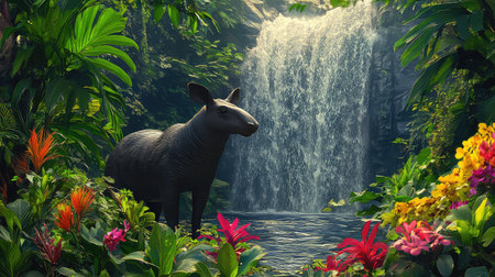 A black tapir stands majestically near a serene waterfall, surrounded by vibrant tropical plants and colorful flowers, showcasing the beauty of nature.の素材