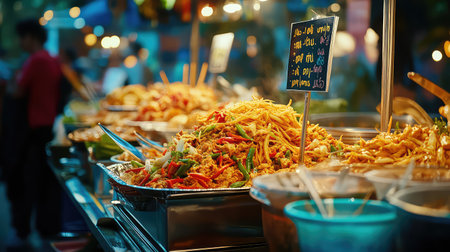 A bustling street food market featuring vibrant dishes and fresh ingredients, showcasing diverse flavors and textures in a lively outdoor setting.の素材