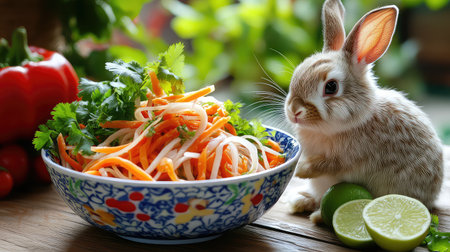 A charming rabbit sits beside a vibrant vegetable salad featuring fresh herbs and lime, creating a delightful and fresh atmosphere perfect for food photography.の素材