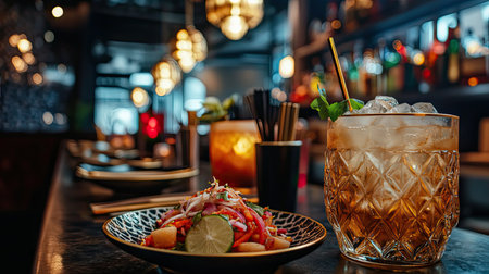A vibrant salad paired with a crisp cocktail showcases a trendy bar setting, inviting patrons to indulge in a delightful culinary experience.の素材
