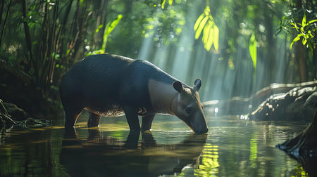 A stunning scene of a tapir peacefully wading through a tranquil stream in a lush forest. Sunlight beams illuminate the vibrant foliage, creating a magical atmosphere, showcasing the beauty of wildlife in its natural habitat.の素材