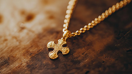 This exquisite golden cross pendant on a luxurious gold chain rests elegantly on a rustic wooden surface, highlighting its intricate design and craftsmanship.の素材
