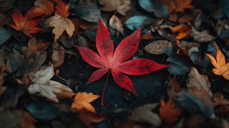 A stunning red maple leaf stands out against a backdrop of various autumn leaves. The rich colors and textures evoke feelings of peace, beauty, and nature's transition.の素材