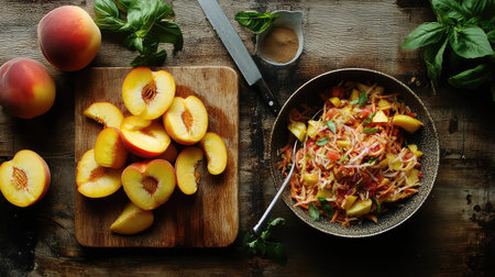 A vibrant scene showcasing fresh peach slices ready to mix into a colorful salad. The rustic wooden backdrop complements the ingredients beautifully.の素材