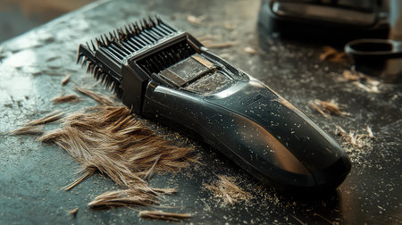 A close-up view of a black hair clipper on a messy work table with hair clippings scattered around, showcasing essential grooming tools for hairstylists.の素材