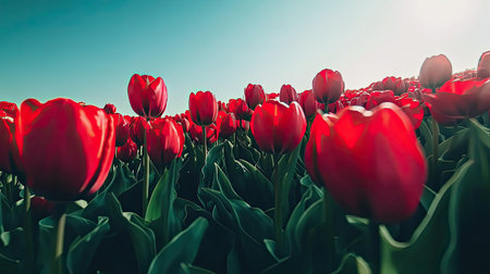 A stunning display of bright red tulips fills the frame under a clear blue sky, capturing the essence of spring with their vibrant colors and lush green leaves.の素材
