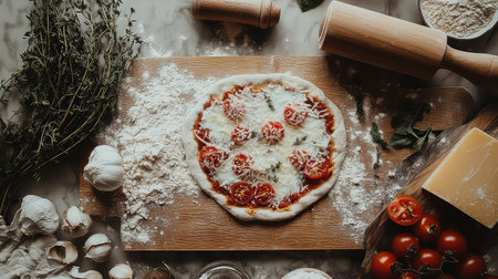 This image showcases freshly prepared pizza dough topped with sliced tomatoes and cheese, surrounded by cooking ingredients. Perfect for culinary enthusiasts.の素材
