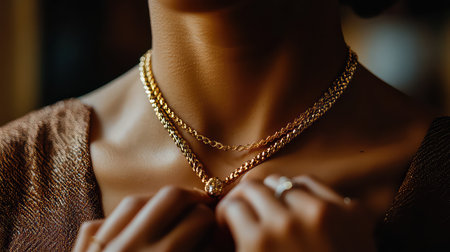 This close-up image showcases a stunning arrangement of gold necklaces on a womanの素材