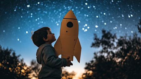 A young child gazes up at a dazzling starry sky while holding a handmade paper rocket, embodying dreams of exploration and imagination in a serene twilight.の素材
