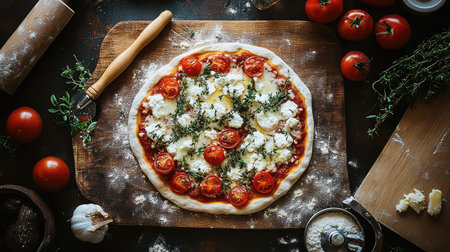 Artisan pizza displays a medley of fresh tomatoes and creamy cheese on a wooden board, enhanced by fragrant herbs, ideal for culinary photography.の素材