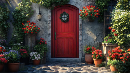 This enchanting red door is beautifully framed by lush flowers and rich greenery, creating a vibrant and inviting outdoor scene perfect for any garden lover.の素材
