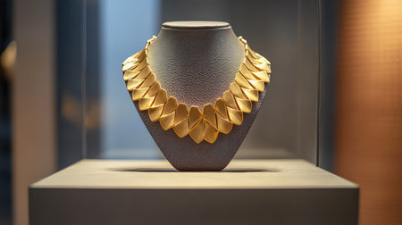 This stunning gold necklace features intricate design elements, displayed elegantly in a glass case, ideal for showcasing luxury accessories.の素材
