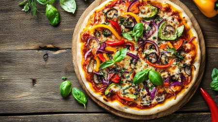 A delightful freshly baked vegetable pizza featuring vibrant toppings of peppers, onions, and herbs, served on a rustic wooden board. Perfect for any meal.の素材