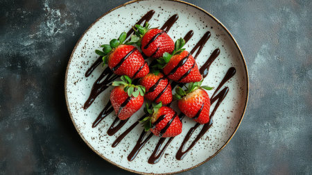 A stunning arrangement of fresh strawberries drizzled with rich chocolate sauce, served on an elegant plate, perfect for dessert lovers and food enthusiasts.の素材