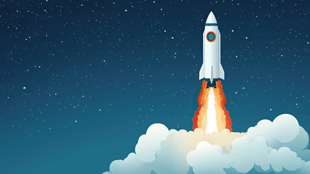 A stunning illustration of a rocket launching into the night sky, surrounded by stars and clouds, symbolizing adventure and exploration in space travel.の素材