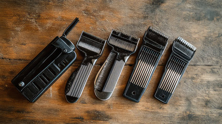 A collection of hair clippers and combs positioned on a rustic wooden surface, ideal for showcasing personal grooming tools for hairstylists or home use.の素材