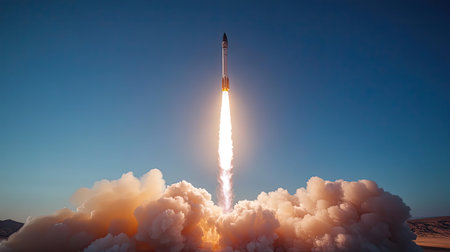 A powerful rocket ascends into a clear blue sky, showcasing the dynamic flames and clouds generated from propulsion, representing human advancement in space technology.の素材