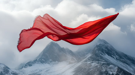 A stunning scene featuring a flowing red fabric suspended in the air against a breathtaking mountain backdrop, creating a harmonious blend of color and nature.の素材