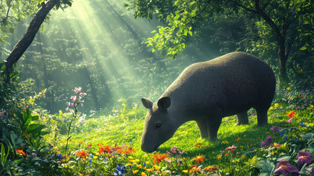 A tranquil scene depicts a tapir gracefully grazing on vibrant wildflowers in a serene forest setting, illuminated by gentle sunlight beams filtering through lush trees.の素材