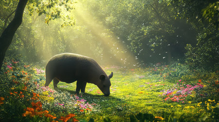 A tranquil forest scene captures a lone animal grazing among a vibrant array of flowers, illuminated by gentle sunlight filtering through the trees.の素材