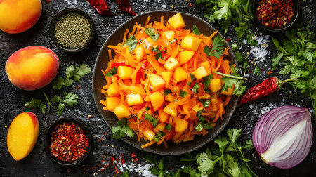 A vibrant and colorful vegetable salad featuring thinly sliced carrots and sweet mango, garnished with fresh cilantro and spices, perfect for healthy meals.の素材