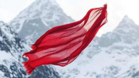 A striking red fabric billows gracefully against a stunning backdrop of snow-covered mountains. This outdoor scene captures the essence of beauty and tranquility found in nature.の素材