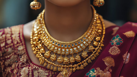 A close-up view of detailed gold jewelry showcases a stunning necklace and elegant earrings, perfectly complementing traditional ethnic attire with vibrant patterns.の素材